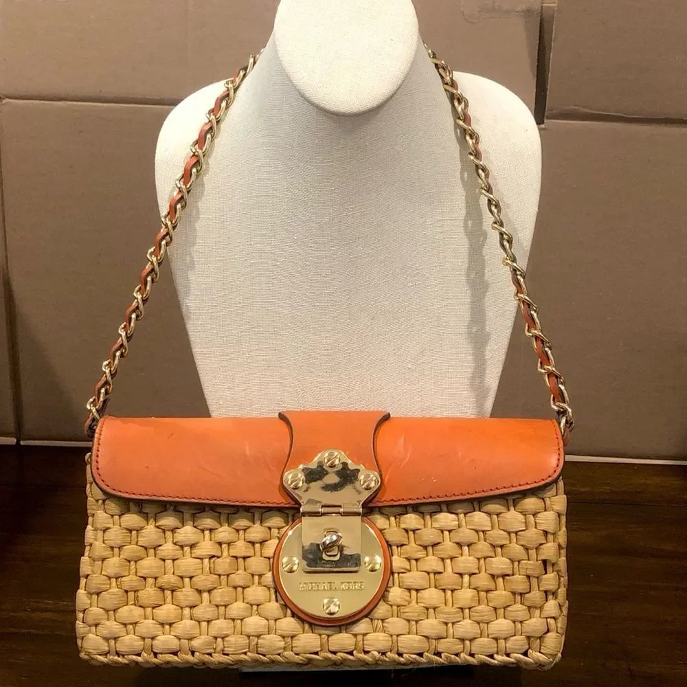 Vintage MICHAEL KORS Rattan Leather Clutch Gold Turn Lock Chain & Leather Strap